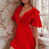 Shay Ruffle Lace Trim Mini Dress Red