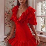 Shay Ruffle Lace Trim Mini Dress Red
