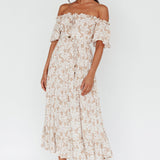 Voyager Off-Shoulder Bell Sleeve Midi Dress Floral Blush