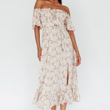 Voyager Off-Shoulder Bell Sleeve Midi Dress Floral Blush