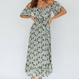 Voyager Off-Shoulder Bell Sleeve Midi Dress Floral Green
