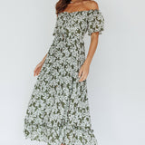 Voyager Off-Shoulder Bell Sleeve Midi Dress Floral Green