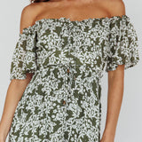 Voyager Off-Shoulder Bell Sleeve Midi Dress Floral Green