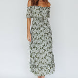 Voyager Off-Shoulder Bell Sleeve Midi Dress Floral Green