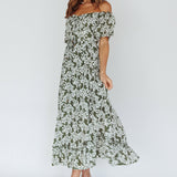 Voyager Off-Shoulder Bell Sleeve Midi Dress Floral Green