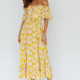 Voyager Off-Shoulder Bell Sleeve Midi Dress Floral Yellow