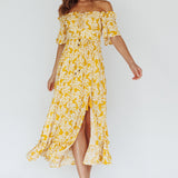 Voyager Off-Shoulder Bell Sleeve Midi Dress Floral Yellow