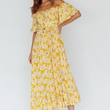 Voyager Off-Shoulder Bell Sleeve Midi Dress Floral Yellow