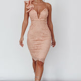 Iris Twist Bust Ruffle Knee Length Lace Dress Blush