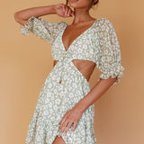 Fancy Free Puff Sleeve Cut-Out Dress Floral Green