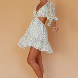 Fancy Free Puff Sleeve Cut-Out Dress Floral Green