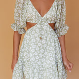 Fancy Free Puff Sleeve Cut-Out Dress Floral Green