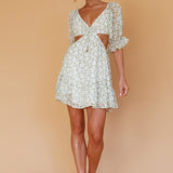 Fancy Free Puff Sleeve Cut-Out Dress Floral Green