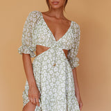 Fancy Free Puff Sleeve Cut-Out Dress Floral Green