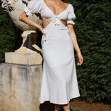 Fancy Free Puff Sleeve Midi Dress White