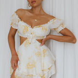 Fancy Free String Tie Cut-Out Waist Romper Floral Yellow