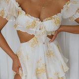 Fancy Free String Tie Cut-Out Waist Romper Floral Yellow