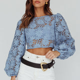 Arriana Balloon Sleeve Lace Crop Top Blue
