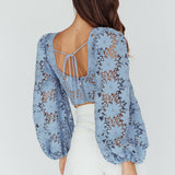 Arriana Balloon Sleeve Lace Crop Top Blue
