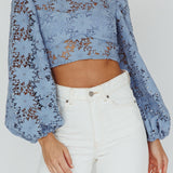 Arriana Balloon Sleeve Lace Crop Top Blue