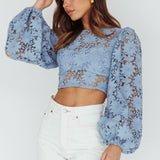 Arriana Balloon Sleeve Lace Crop Top Blue