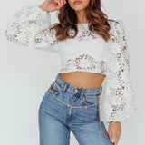 Arriana Balloon Sleeve Lace Crop Top White