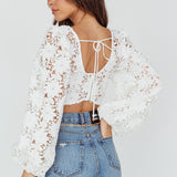 Arriana Balloon Sleeve Lace Crop Top White