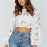 Arriana Balloon Sleeve Lace Crop Top White