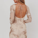 Karma Long Sleeve Scoop Back Dress Embellished Gold