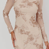 Karma Long Sleeve Scoop Back Dress Embellished Gold