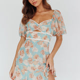 Catch Feelings Sweetheart Puff Sleeve Mini Dress Leaves Blue
