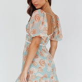 Catch Feelings Sweetheart Puff Sleeve Mini Dress Leaves Blue