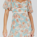 Catch Feelings Sweetheart Puff Sleeve Mini Dress Leaves Blue