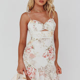 Catch Feelings Tied Shoulder Sweetheart Neckline Dress Floral Print White