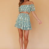 Archana Drawstring Waist Skirt Floral Green