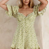 Keep Dreaming Puff Sleeve Frill Romper Floral Green