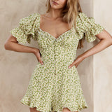 Keep Dreaming Puff Sleeve Frill Romper Floral Green