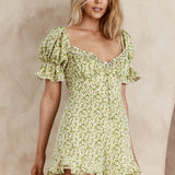 Keep Dreaming Puff Sleeve Frill Romper Floral Green