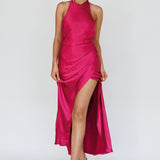 Sonoma Halterneck Faux Wrap Twist Back Maxi Dress Fuchsia