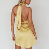 Sonoma Halterneck Faux Wrap Twist Back Mini Dress Lemon