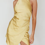 Sonoma Halterneck Faux Wrap Twist Back Mini Dress Lemon