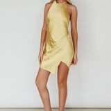 Sonoma Halterneck Faux Wrap Twist Back Mini Dress Lemon