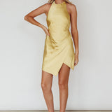 Sonoma Halterneck Faux Wrap Twist Back Mini Dress Lemon