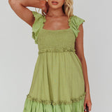 Bay Breeze Frill Shoulder Shirred Bodice Dress Olive
