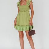 Bay Breeze Frill Shoulder Shirred Bodice Dress Olive