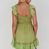 Bay Breeze Frill Shoulder Shirred Bodice Dress Olive
