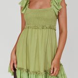 Bay Breeze Frill Shoulder Shirred Bodice Dress Olive