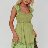 Bay Breeze Frill Shoulder Shirred Bodice Dress Olive