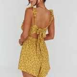 Lazy Sunday Frill Strap Tie-Up Back Romper Floral Print Mustard