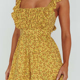 Lazy Sunday Frill Strap Tie-Up Back Romper Floral Print Mustard